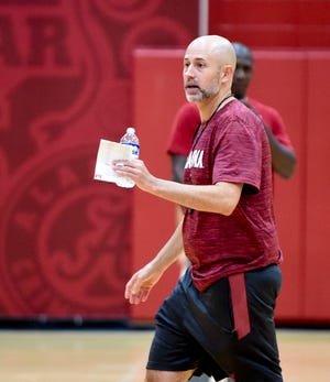 Alabama assistant coach Ryan Pannone gives instructions during practice for the Crimson Tide Men’s Basketball team Monday, Sept. 25, 2023.