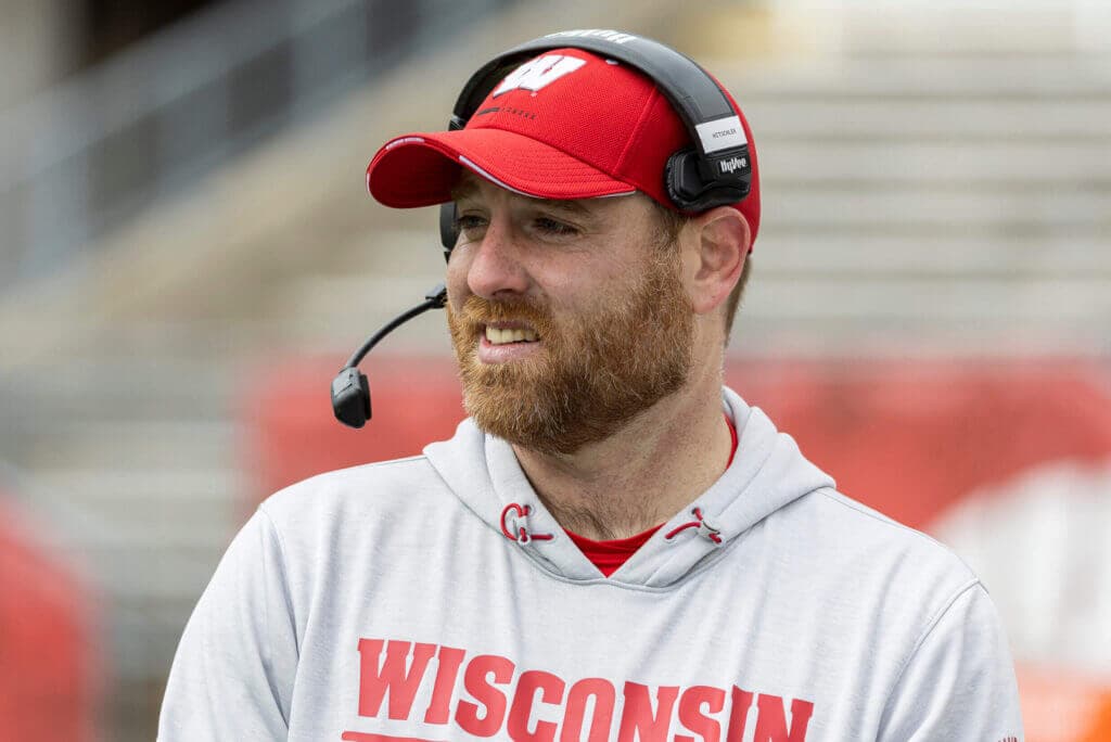 Wisconsin Badgers assistant coach Colin Hischler looks on during the spring football game at Camp Randall Stadium, Saturday, April 22, 2023, in Madison, Wis. (Photo by David Stluka/UW Athletic Communications)