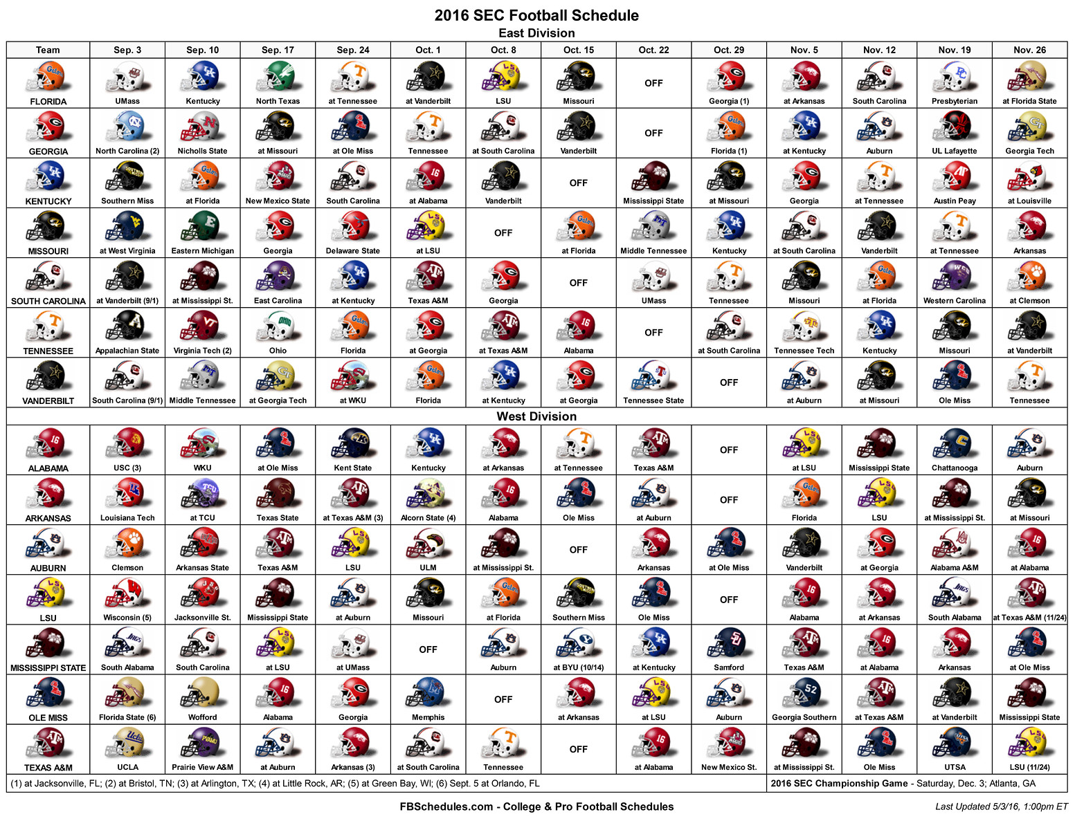  FTBL 2016 SEC Football Helmet Schedule Roll Tide Bama