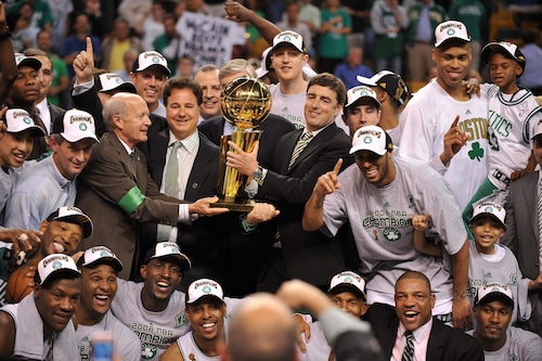 The Boston Celtics' team pose with the N