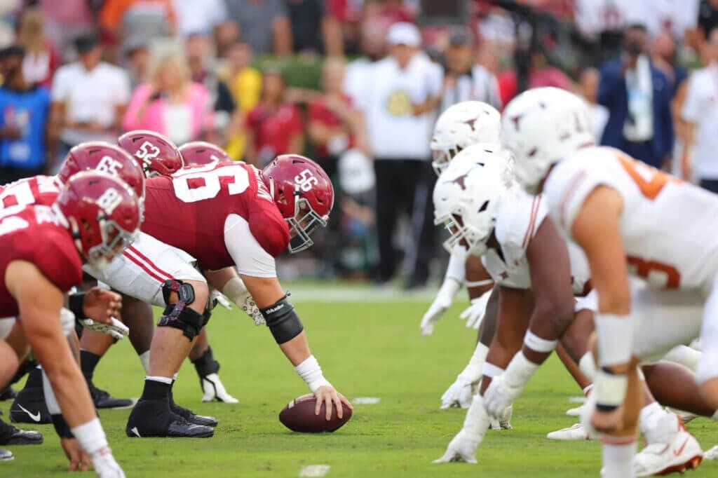 TUSCALOOSA, ALABAMA - SEPTEMBER 09: Seth McLaughlin #56 of the Alabama Crimson Tide lines-up over the ball during the first quarter against the Texas Longhorns at Bryant-Denny Stadium on September 09, 2023 in Tuscaloosa, Alabama. (Photo by Kevin C. Cox/Getty Images)